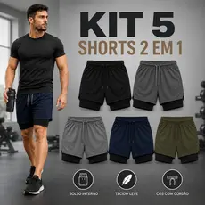 Kit 5 Bermudas Masculinas Dry Fit 2 em 1 Sem Estampa com Cueca Interna Respirável Secagem Rápida Treino