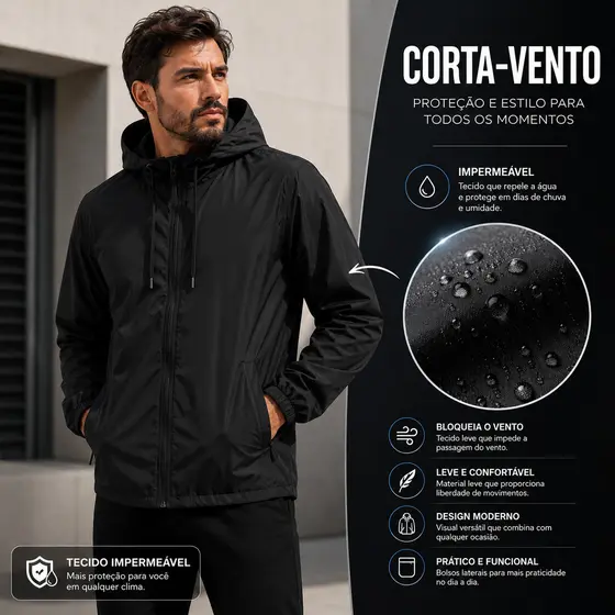 Corta Vento Masculino Impermeável Preto Leve Com Capuz Ajustável Zíper E Bolsos