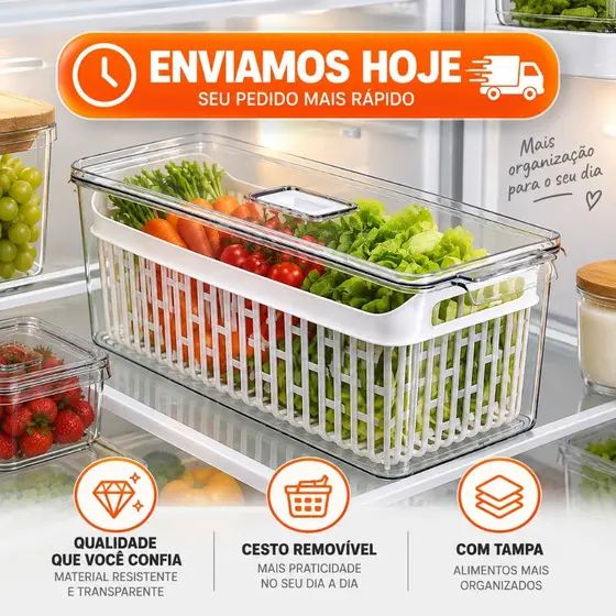 Organizador De Geladeira Acrílico 6 Litros Com tampa 1 Cestos Multiuso Vegetais Alimentos Frutas Legumes  Verduras Clear