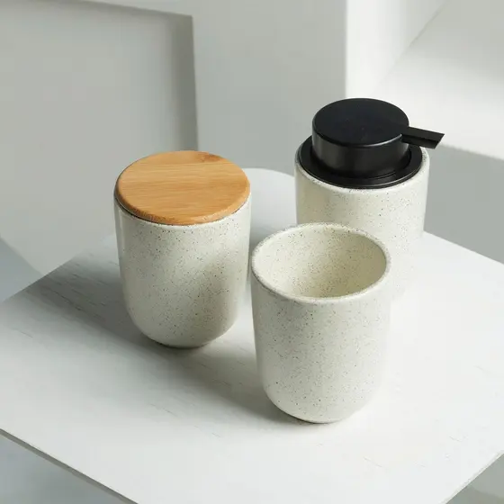 Porta algodão e cotonete em cerâmica com tampa de bambu Ou Linha Osaka