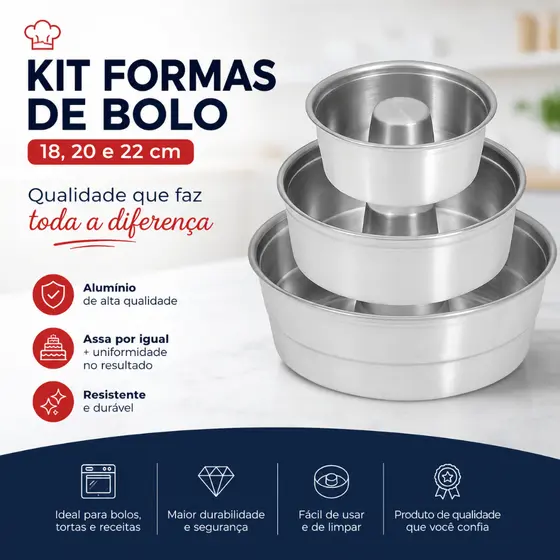 kit 3 formas bolo aluminio tamanhos 18,20 e 22