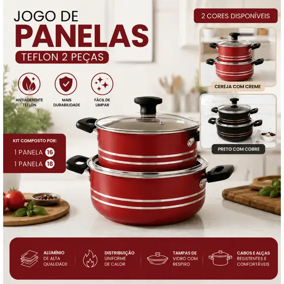 jogo panelas teflon antiaderente 2 peças 16 e 18 revestimento premium nao gruda alimentos