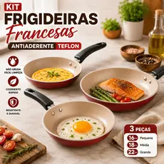 Kit Frigideira Francesa Antiaderente Teflon 3 Peças 16 18 22