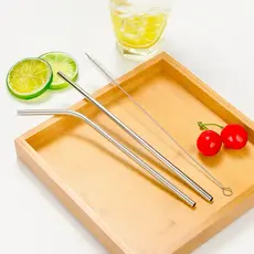 Kit 2 Canudos Inox Reutilizáveis + Escova de Limpeza Ecológico Reto e Curvado com Silicone