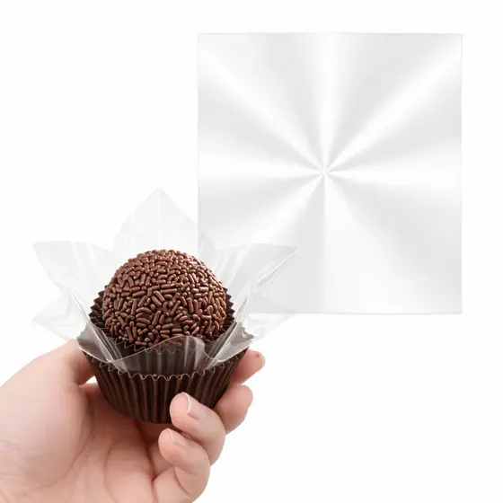 Folhas Celofane 10x10 12x12 - Tapetinho Transparente Brigadeiros, Doces, Brownie (kits com 100, 250, 500 Unidades)