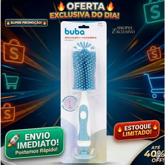 Escova de Silicone Limpeza Mamadeira Para Bebe | Anti Bactéria | Flexível | Não Risca | Azul