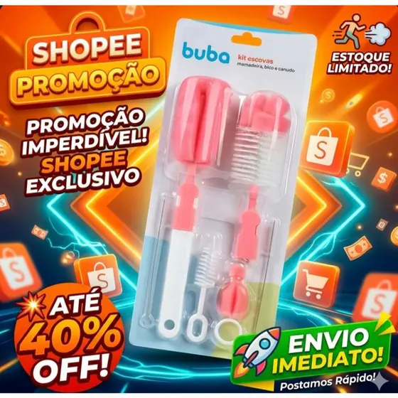 Kit Escova Mamadeira Bebê Buba Original Bico, Canudo e Garrafa Infantil | Escovas + Esponja Rosa