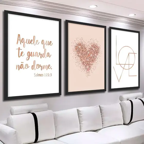 Kit 3 Quadros Decorativos Frases Positivas Coração Cores Delicadas Moldura Luxo Quarto Sala