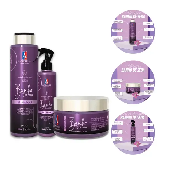 Kit Banho de Seda – AlphaHall | Shampoo 500ml + Máscara 300g + BB Cream 300ml