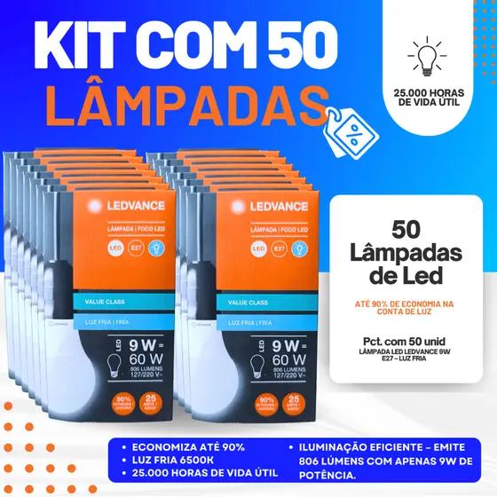 Kit 50 Lâmpadas LED 9W LEDVANCE E27 Luz Fria Bivolt Econômica Original