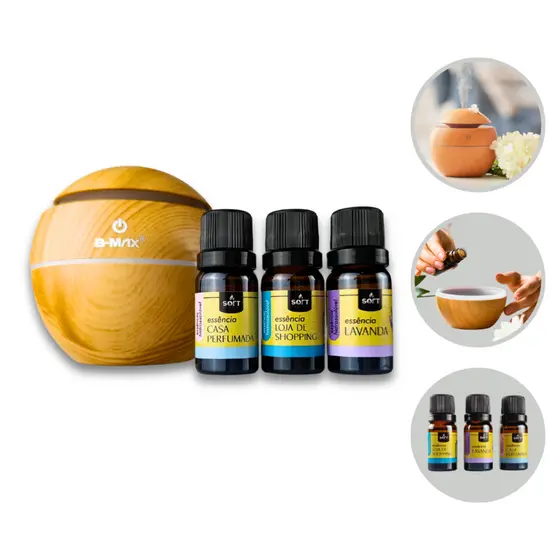 KIT UMIDIFICADOR AROMATIZADOR COM 3 ESSÊNCIAS  COM FUNÇÃO  RELAXANTE, ANTI ESTRESSE
