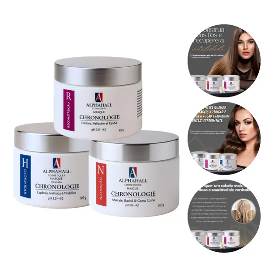 Kit Cronograma Capilar Alphahall 3 Máscaras – Hidratação Nutrição Reconstrução