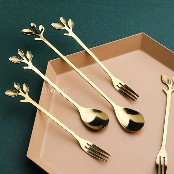 Conjunto de colher e garfo de café dourado em aço inoxidável, colher e garfo de sobremesa, talheres dourados