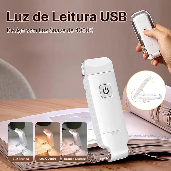 Luminária de Leitura Clipada Recarregável USB LED para Livro e Estudo，Luz de Leitura de Livros，Luminária de Livro