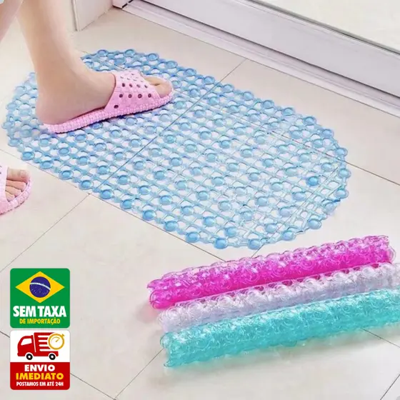 Tapete Antiderrapante Box Banheiro 66cm Silicone com Ventosa Azul Rosa Branco Segurança