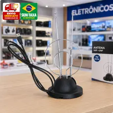Antena Interna HDTV TV Digital VHF UHF Cabo 95cm Base Ajustável 2 Hastes Alumínio