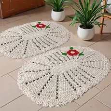 Kit Tapete Oval Bordado Crochê 02 Peças 37cm  x45cm Quarto Cozinha