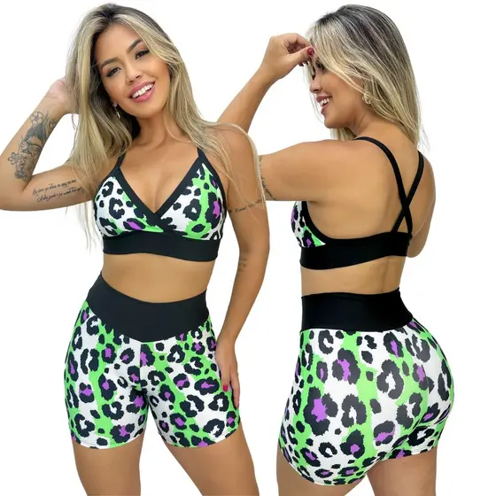 Conjunto Short e Top Fitness Academia Cós Alto Estampado