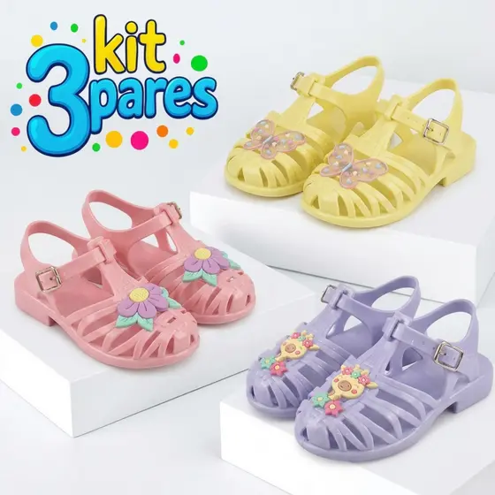 Kit 3 Sandália Infantil Menina Confortável Sola Antiderrapante Moda Verão