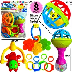 Kit Brinquedo Bebe Chocalho Mordedor Silicone Macio Bola Colorida 8 Peça Presente Para Menina e Menino Móbile para Berço