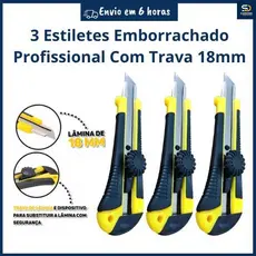 3 Estilete Profissional 18mm Com Trava Cabo Emborrachado Fertak