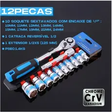 Jogo De Soquete Sextavado 1/2 Catraca 12 Peças 8a 24mm com Extensão