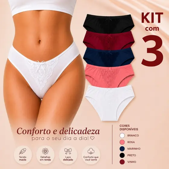 Kit 3 Calcinhas Básicas Tanga Com Renda Confortável Dia a Dia