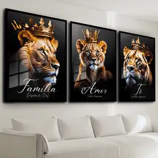 Quadros decorativos Leão Família Frases Positivas Moderno Golden Sala Quarto