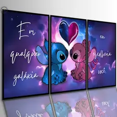 Quadros Decorativos Stitch Frases Positivas Namorados 3 Peças Lillo Desenho Sala