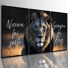 Quadros Decorativos Leão Frase Nunca Foi Sorte 3 Peças Premium Sala Quarto