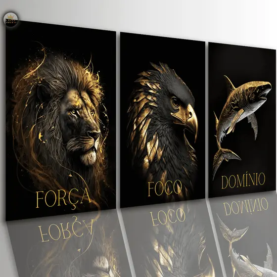 Quadros Decorativos Motivacional Leão Foco Dourado Premium Sala Quarto