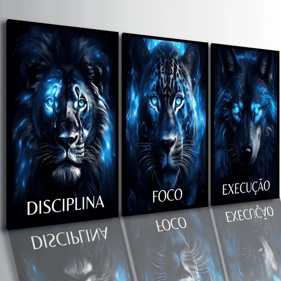 Quadros Decorativos Leão Disciplina Foco Motivacional Lobo Azul Sala Quarto