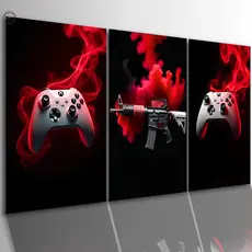 Quadros Decorativos Gamer FPS Controle Xbox e Rifle M4 Kit 3 Peças Quarto Sala