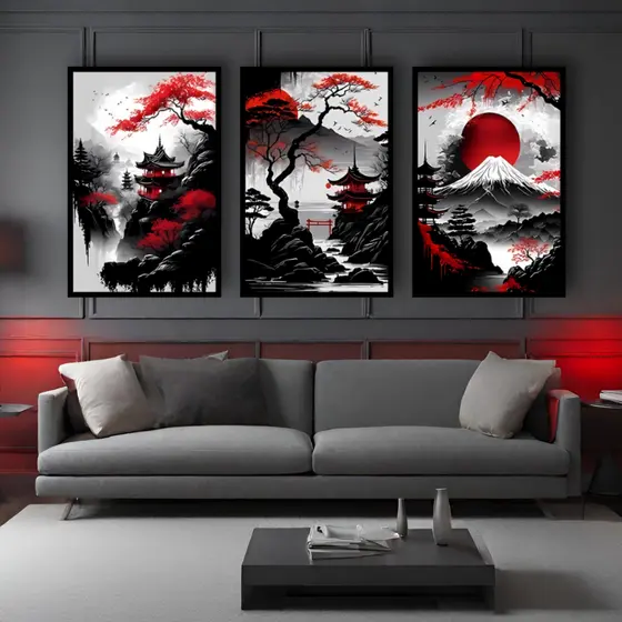 Quadros Decorativos Arte Japonesa Paisagem Vermelha e Preta Para Sala Escritório