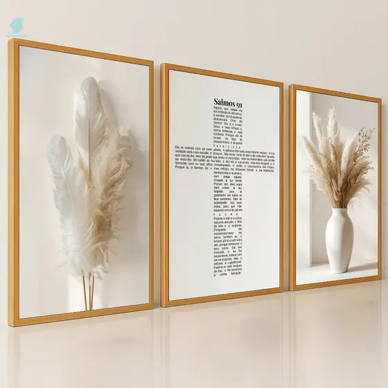 Quadros Decorativos Trio Salmos 91 Vasos com Ramos Religioso Luxo Sala Quarto