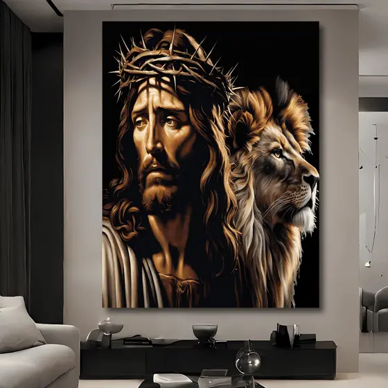 Quadro Decorativo Jesus Cristo e Leão de Judá Fé Cristã Bíblia Sala Quarto