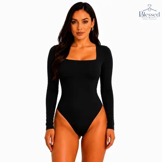 Body Feminino Manga Longa Decote Quadrado Justo Segunda Pele
