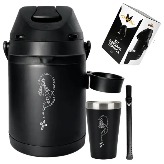 Kit Tereré Copo Bomba Garrafa Térmica Preto 2.5l Personalização