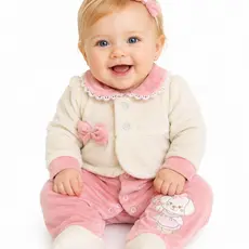 Macacão Bebê Menina Luxo Peluciado em Plush Rosa com Lacinhos - M.Baby