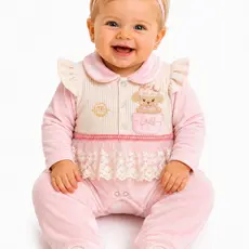 Macacão Bebê Menina Luxo Ursinha em Plush Peluciado e Babado Rosa - M.Baby