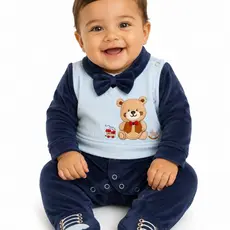 Macacão Bebê Menino Luxo Ursinho em Plush Azul Marinho com Gravata - M.Baby