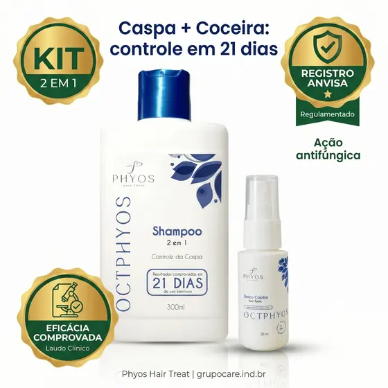 Shampoo Anticaspa 300ml + Tônico Kit Anti Caspa Coceira Descamação Couro Cabeludo 21 Dias Phyos