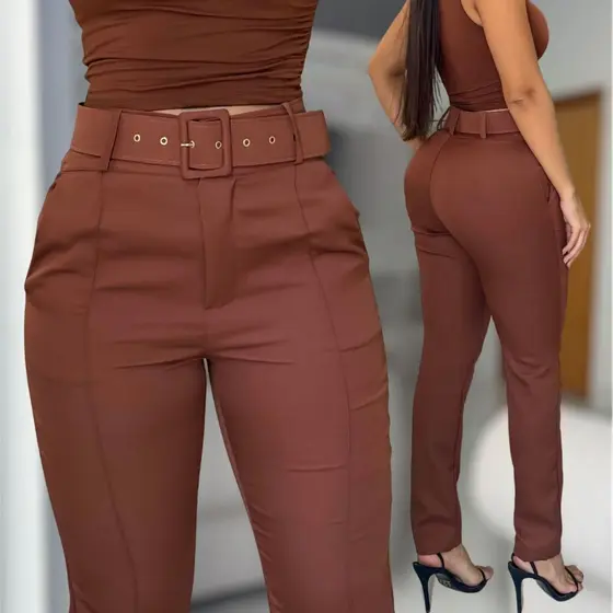 Calça Feminina Alfaiataria Social Com Cinto Casual Elegante Com Zíper e Bolsos