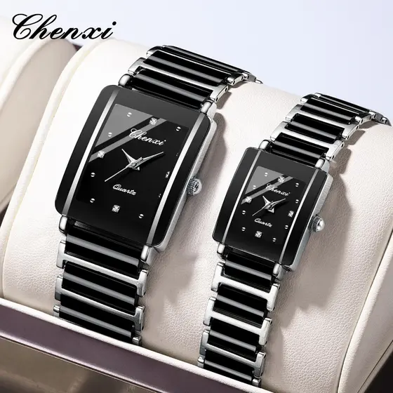 CHENXI 104A Relógio De Quartzo Casal Quadrado Diário Casual Pulseira De Cerâmica Inserida Com Diamante