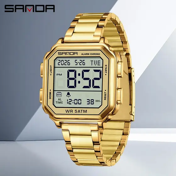 SAMDA 6379 Relógio Digital Quadrado Retrô Masculino Com Pulseira De Aço Inoxidável Para Presente Esportivo