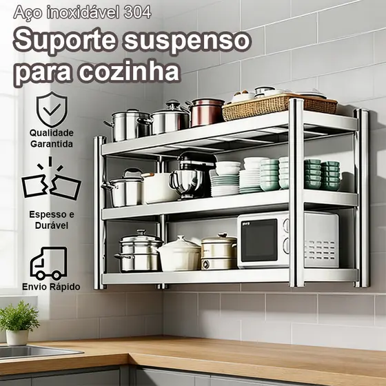 Prateleira Aço Inoxidável de Parede 3 Andares | Altura Regulável Grande Capacidade de Carga