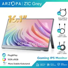 Arzopa Z1C Cinza-Monitor Portátil Com Suporte 100 % sRGB De 16.1 " , 1080P FHD Tela De Extensão De USB C HDMI Para PC