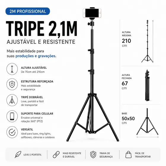 Tripé para Celular Universal Profissional Ajustável 2.1m Para Gravação Vídeo Live TikTok YouTube