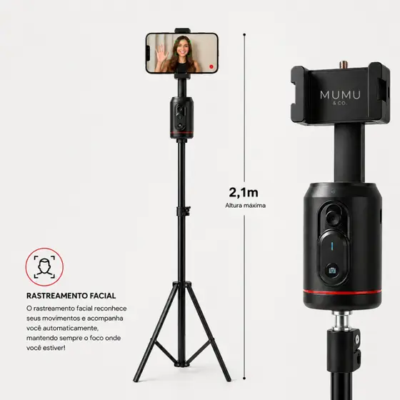 Tripé Suporte para Celular Inteligente 2,1m Rotação 360° com Rastreamento Facial iPhone Android