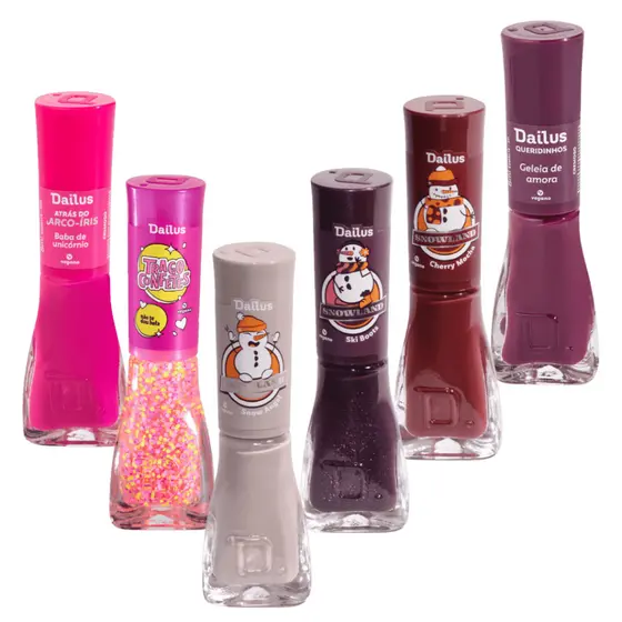 Combo de esmaltes Dailus - 6 incriveis cores - Snow Angel, baba de , confete